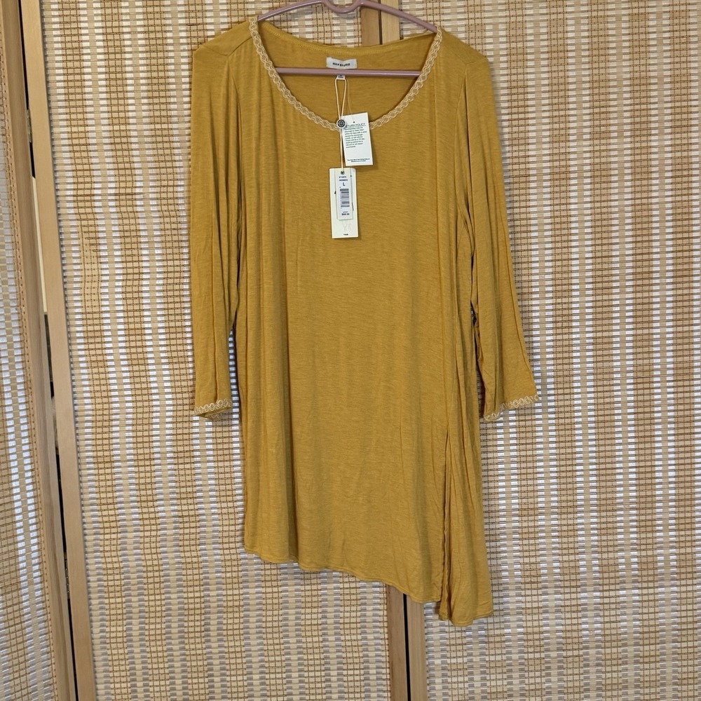 Max Studio Womens L Tunic Yellow Mustard Asymmetrical Hem Embroidery Boho Hippie